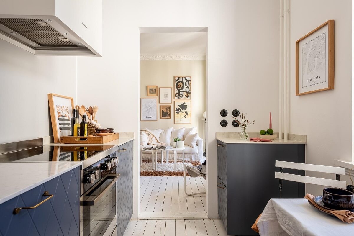 Warm, Neutral Colors in a Lovely Swedish Apartment 12 blue cabinets swedish apartment