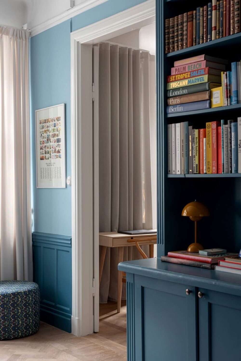 A Classic Apartment with a Blue Living Room 9 blue sitting room detail