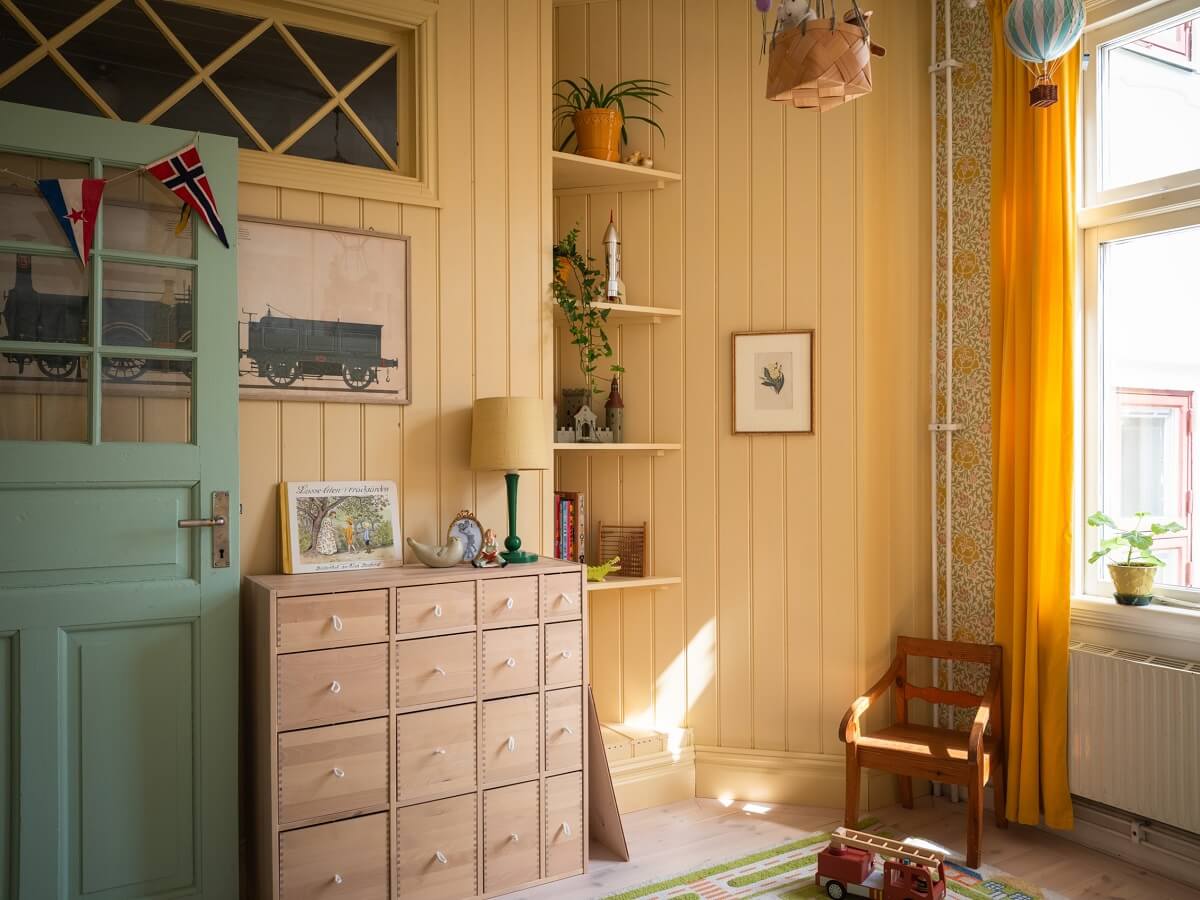 Charming Vintage Country Style in a Family Apartment in Sweden 24 butter yellow walls childrens bedroom