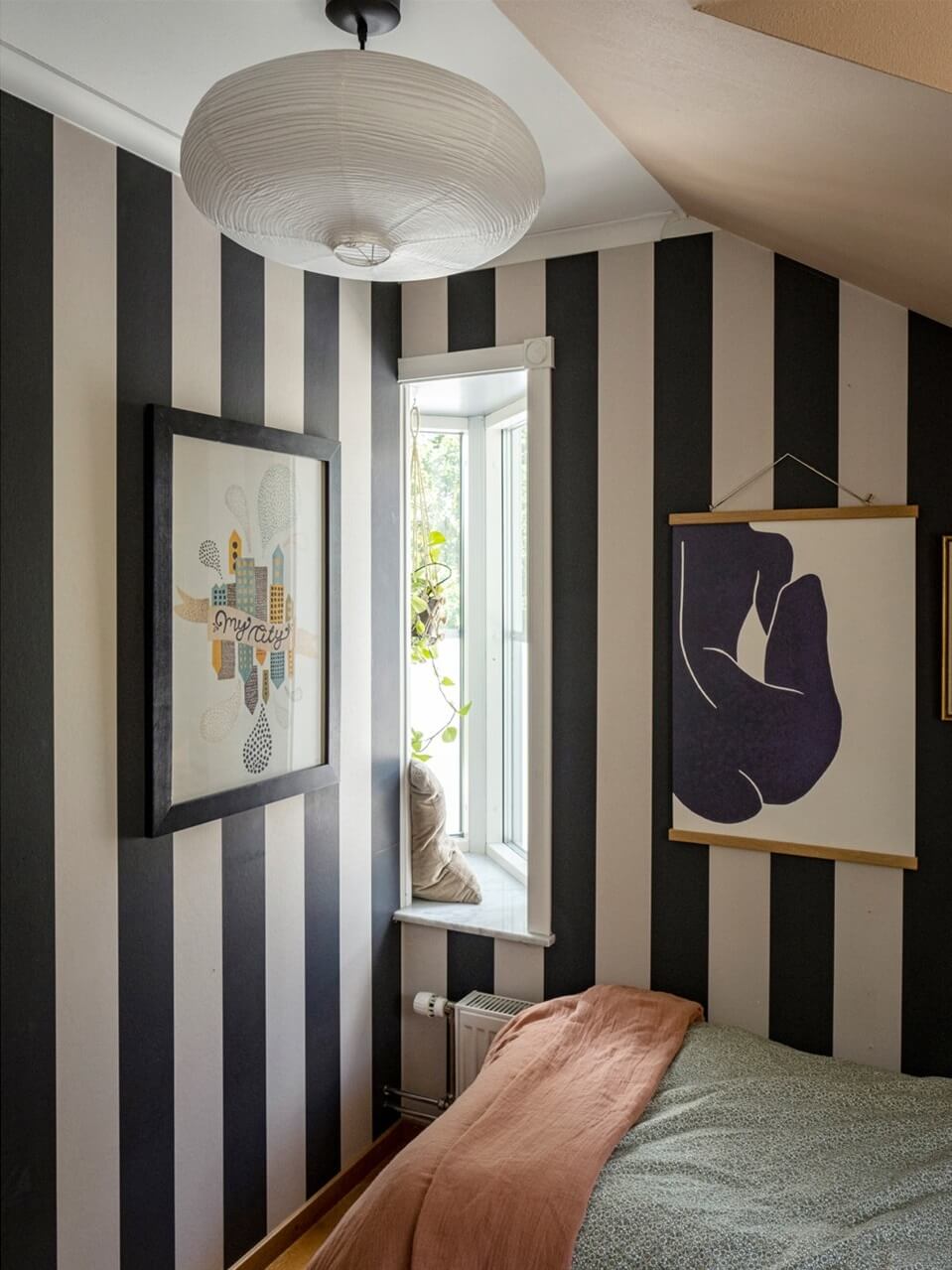 A White Swedish Villa with a Veranda and a Swimming Pool 21 childrens room with black and white striped wallpaper nordroom