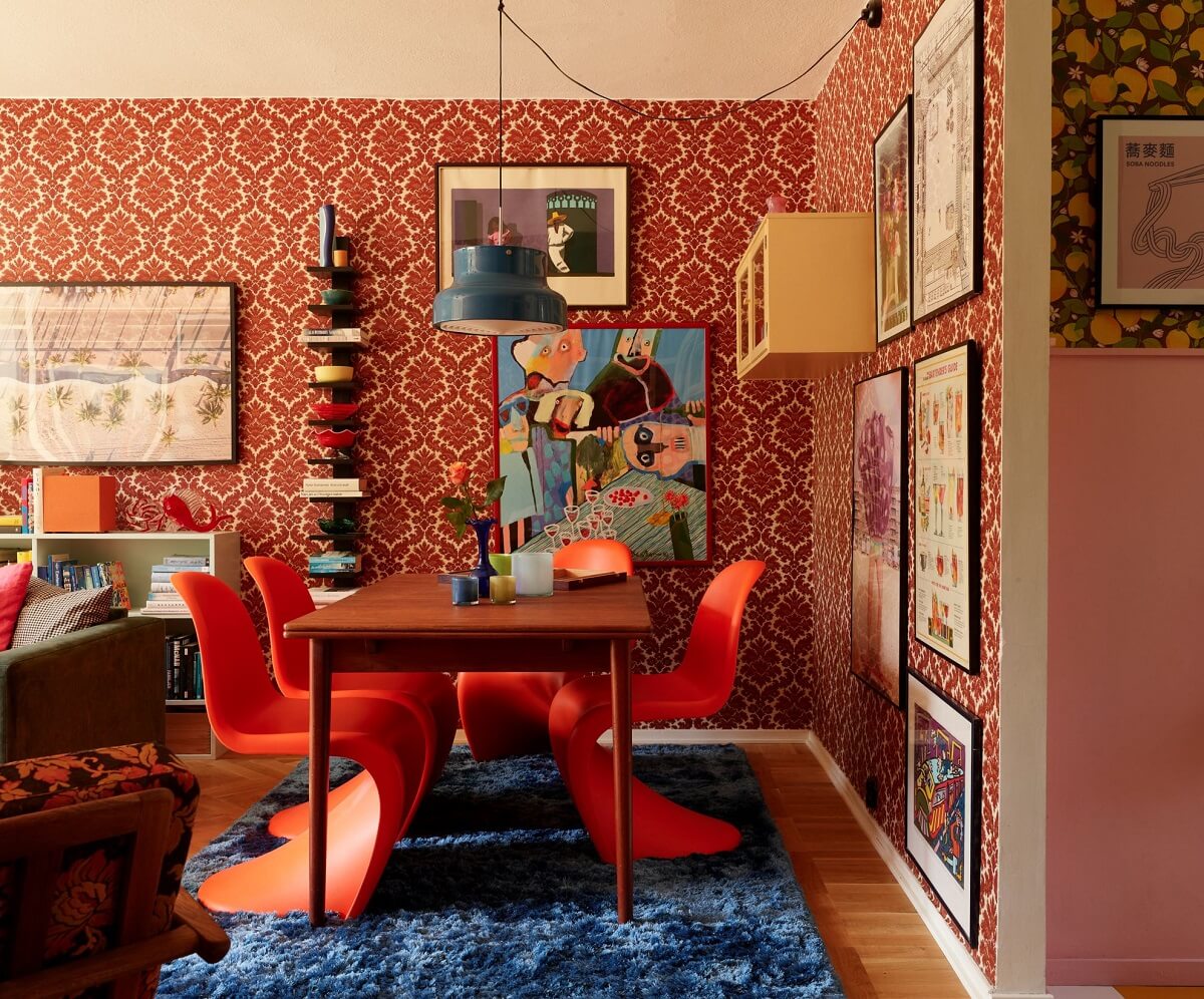 A Colorful Swedish Apartment Inspired by the 50s and 70s 14 colorful midcentury living room with dining table nordroom