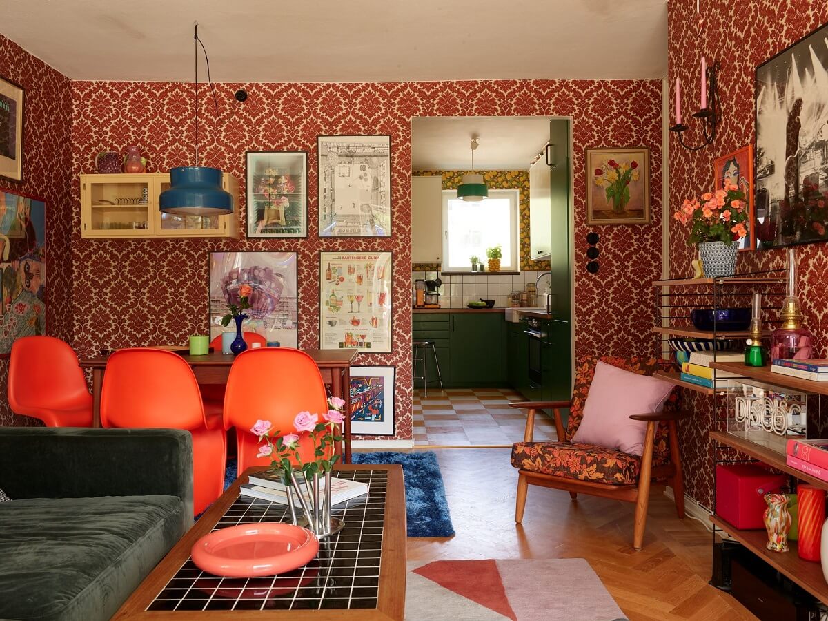 A Colorful Swedish Apartment Inspired by the 50s and 70s 12 colorful open plan living room and kitchen nordroom