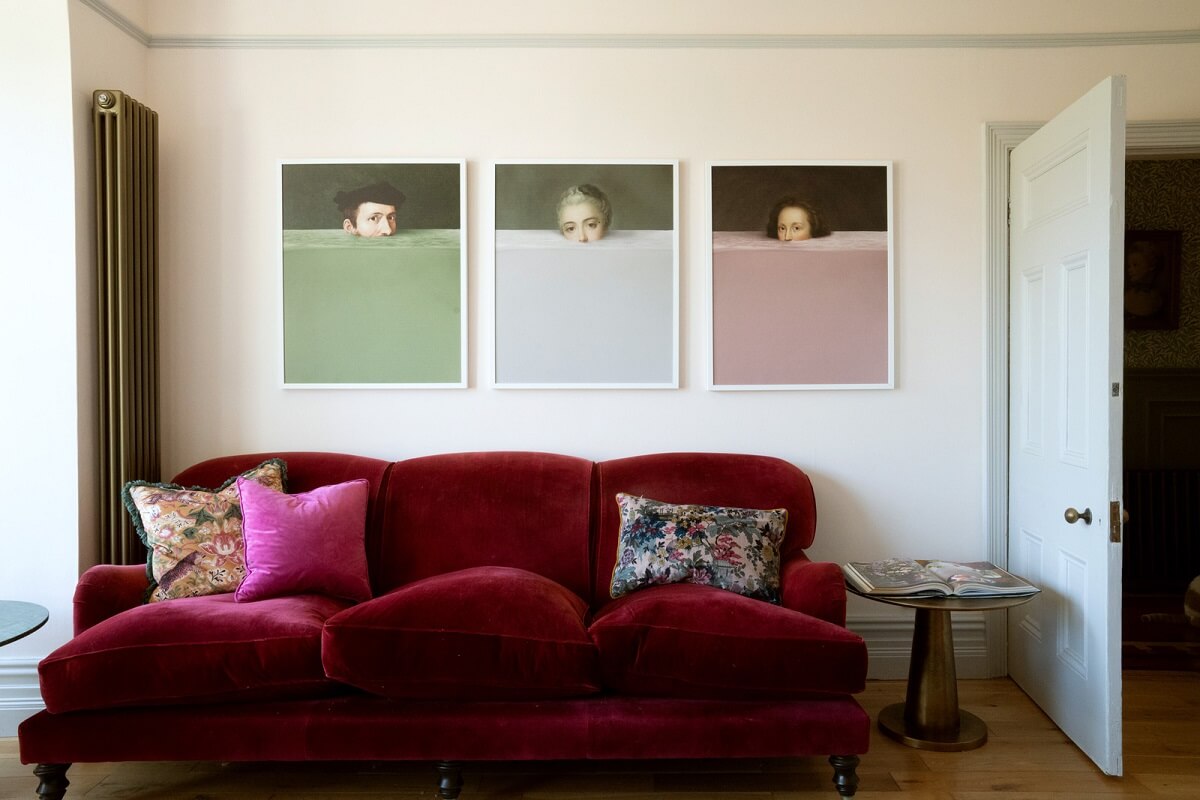 A Beautiful Edwardian House with Period Features 3 deep pink sofa artworks living room
