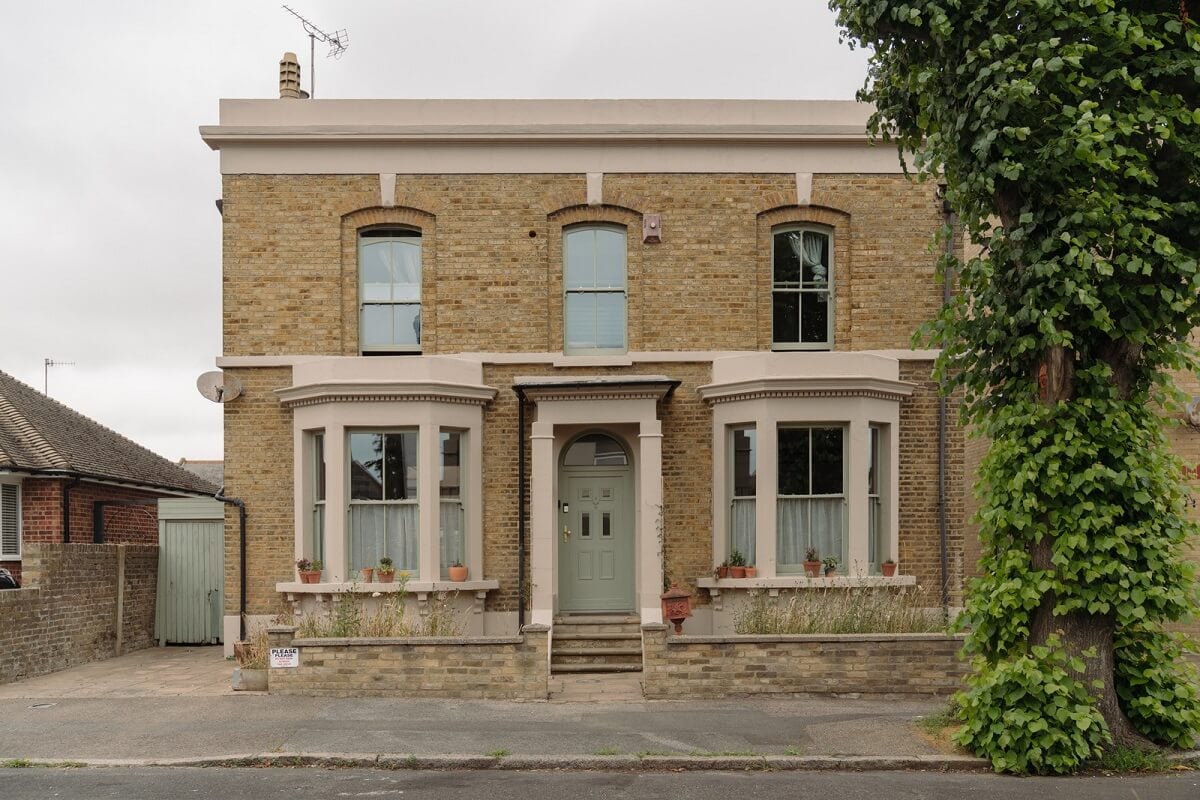 Pared Back Interiors in an English Home in Kent 29 exterior sage green ront door Pared Back Interiors in an English Home in Kent