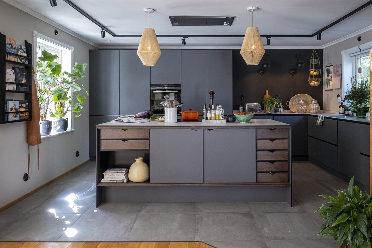 A White Swedish Villa with a Veranda and a Swimming Pool 3 gray kitchen with island and tiled floor