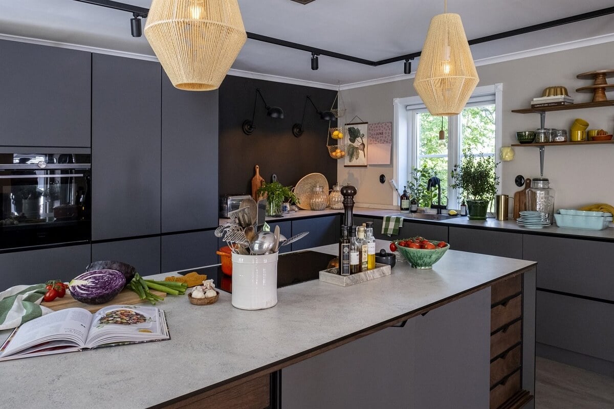 A White Swedish Villa with a Veranda and a Swimming Pool 4 gray modern kitchen with island