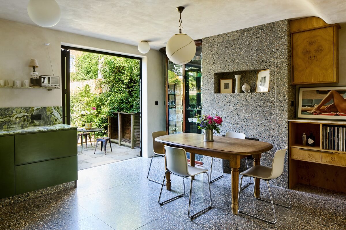 Stained Glass Doors and Terrazzo in a London Home 1 green kitchen with italian terrazzo floor nordroom