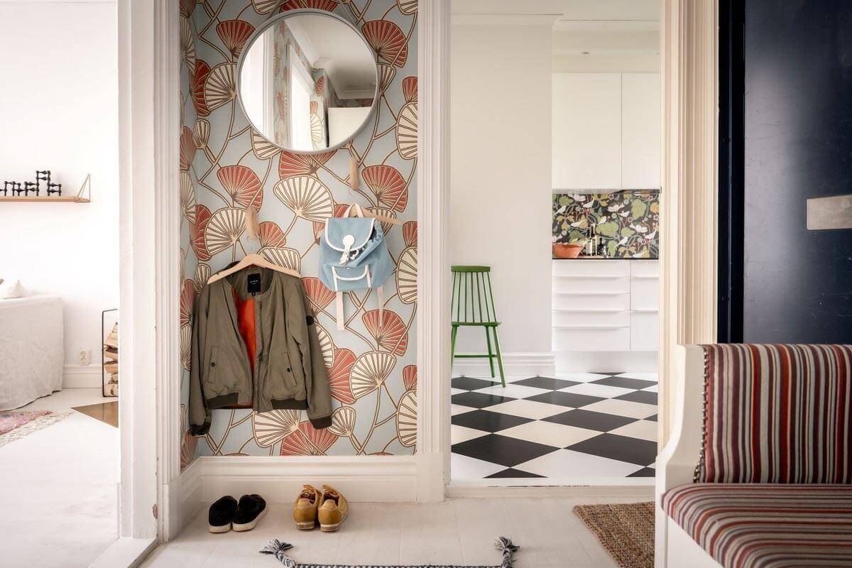 A Bright Swedish Apartment with Subtle Color Accents 14 hallway floral wallpaper