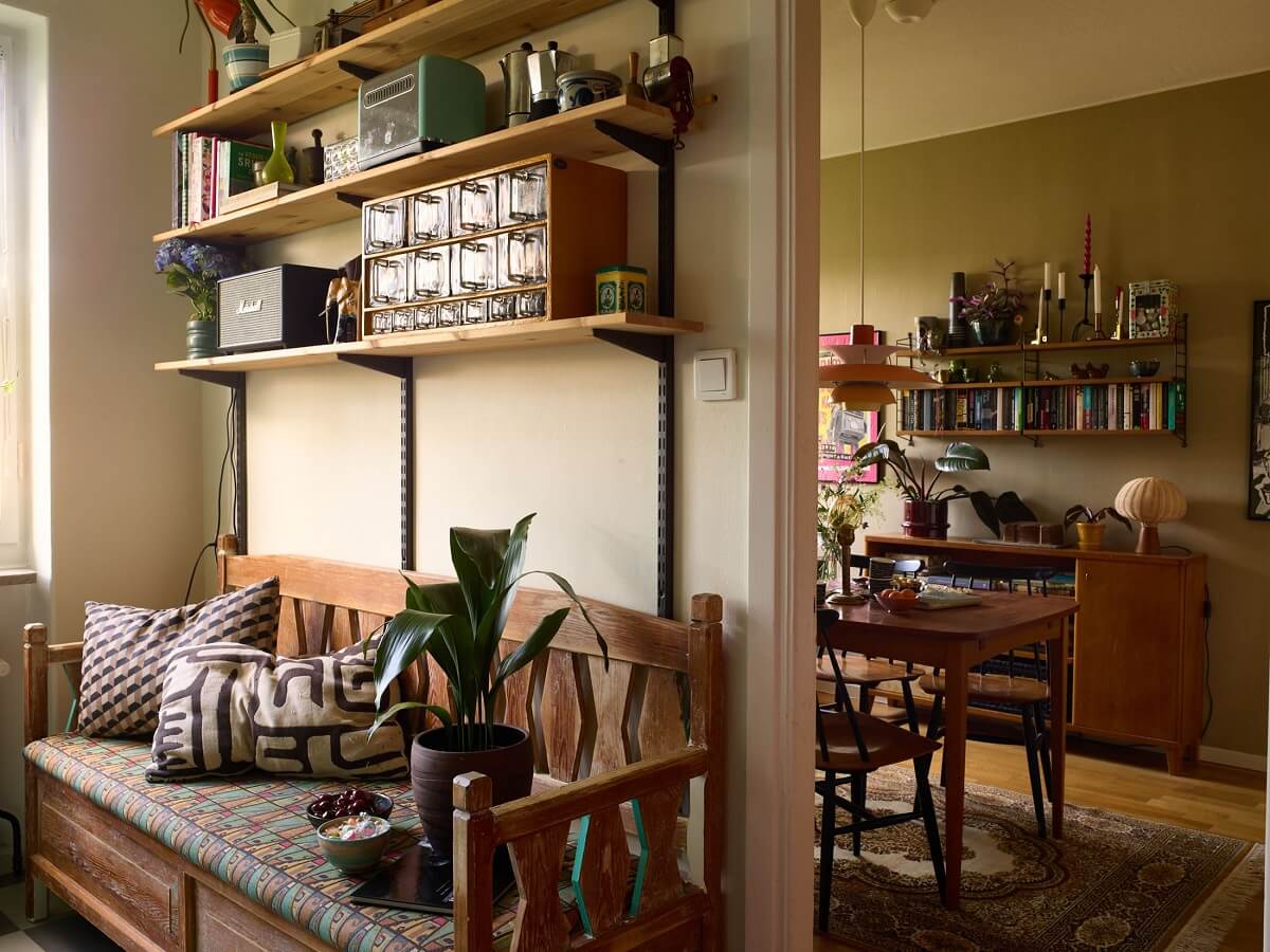 A Charming and Cozy Midcentury Family Apartment in Sweden 15 kitchen bench and shelves