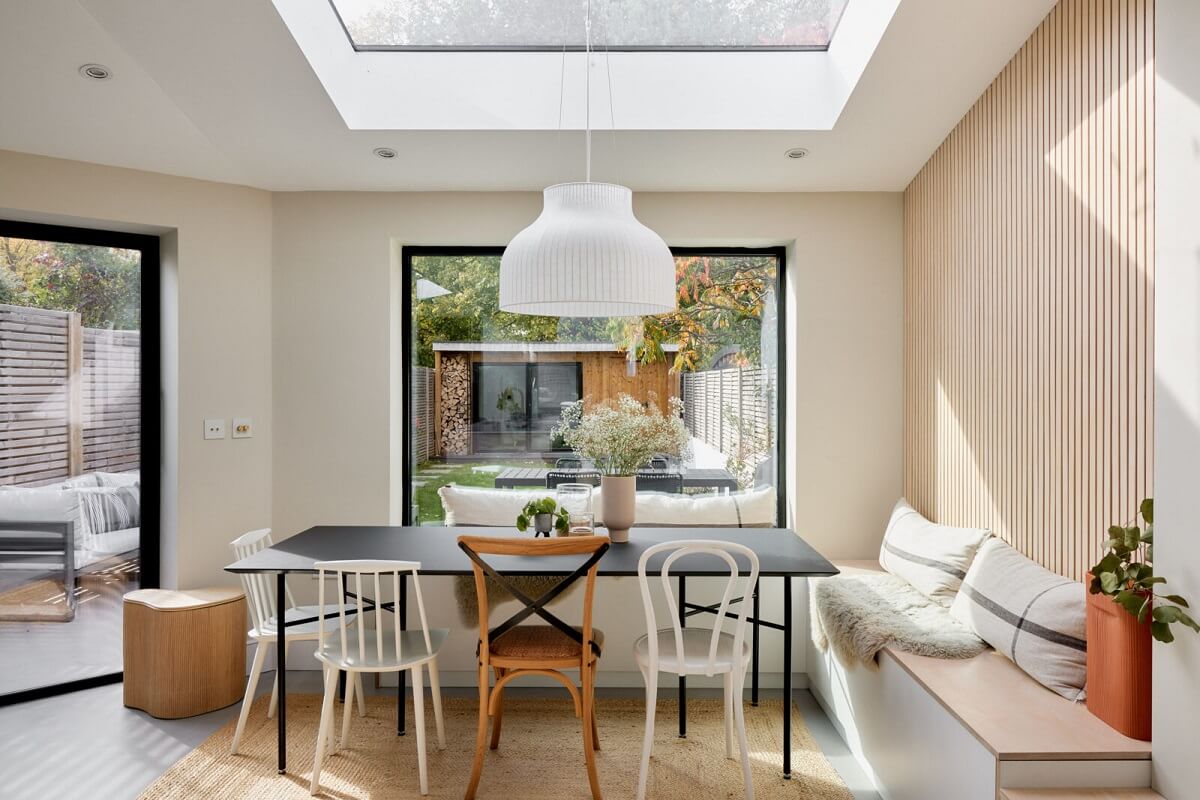 Light and Modern Spaces in an Award-Winning London House 12 kitchen dining space with built in bench nordroom