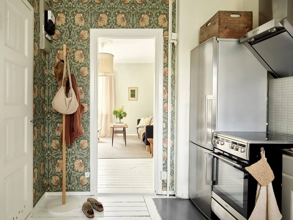 A Small Apartment with a Bright Open-Plan Kitchen & Bedroom 10 kitchen william morris pimpernell wallpaper