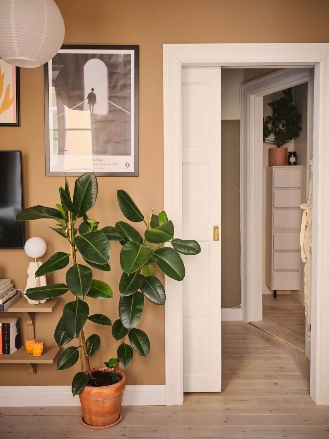 A Small Apartment with Calm Brown, Green, and Yellow Walls 4 light brown walls living room