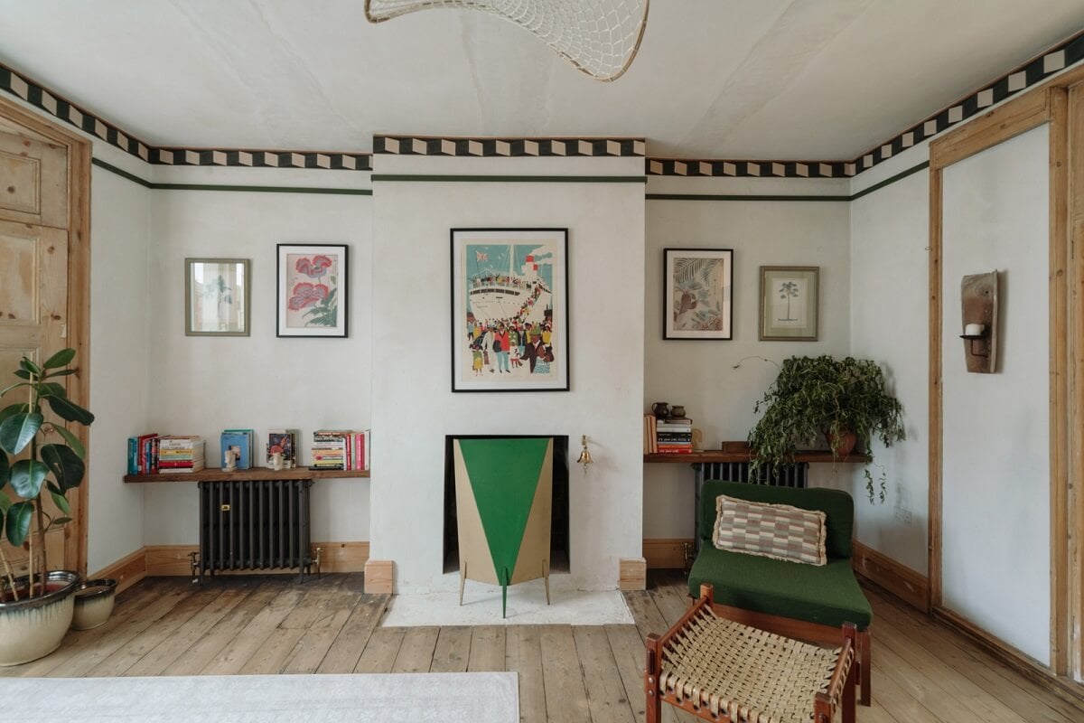 Pared Back Interiors in an English Home in Kent 4 living room geometric cornicing wooden floor nordroom