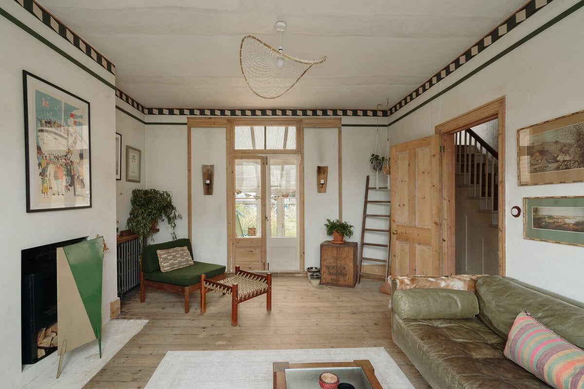 Pared Back Interiors in an English Home in Kent 1 living room green color accents geometric cornicing nordroom