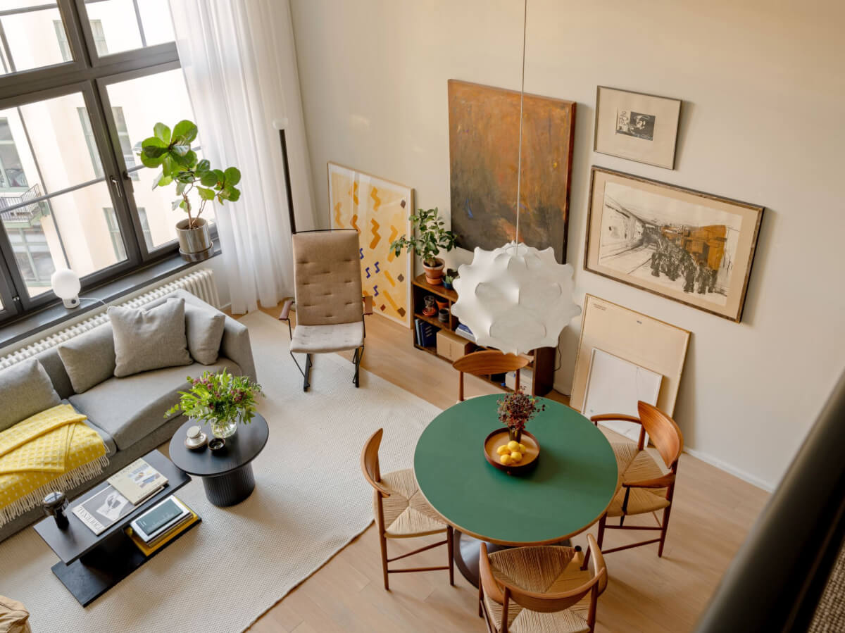 A Monochrome Loft with High Ceilings and Art 10 living room loft from above