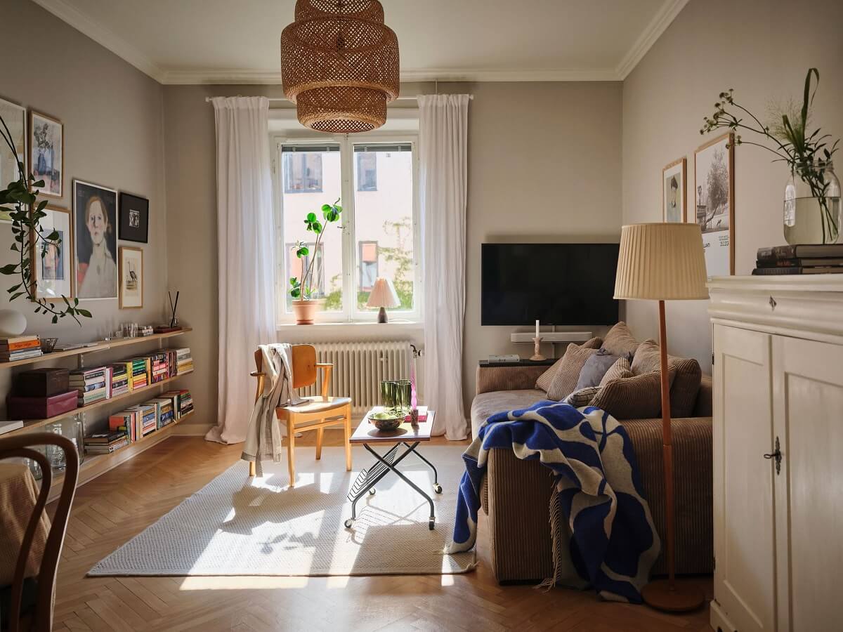 living room with gray walls and parquet floor