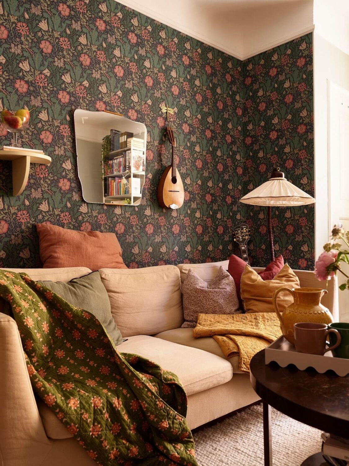 A Cozy 1920s Apartment with Original Details and Wallpaper 2 living room with wallpaper