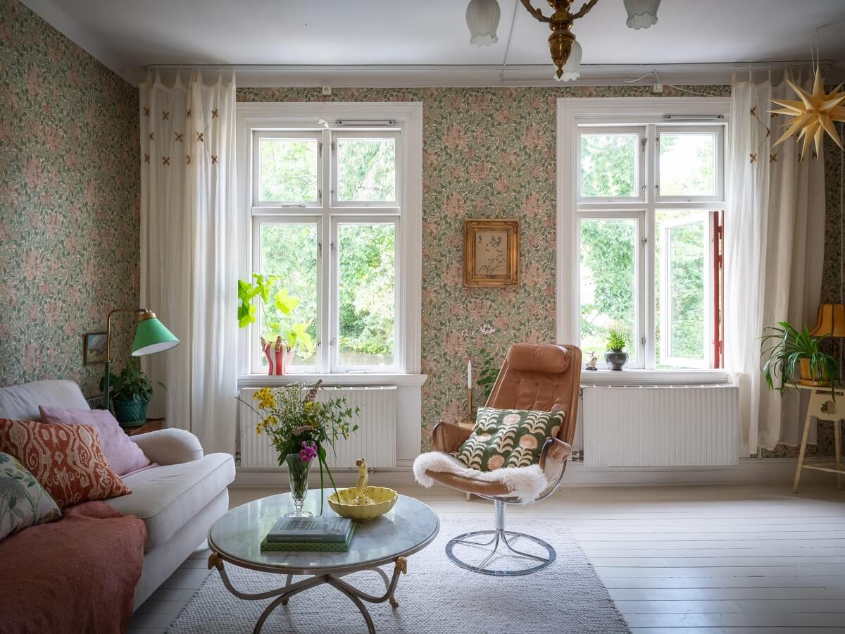 Charming Vintage Country Style in a Family Apartment in Sweden 3 living room with wallpapered walls nordroom