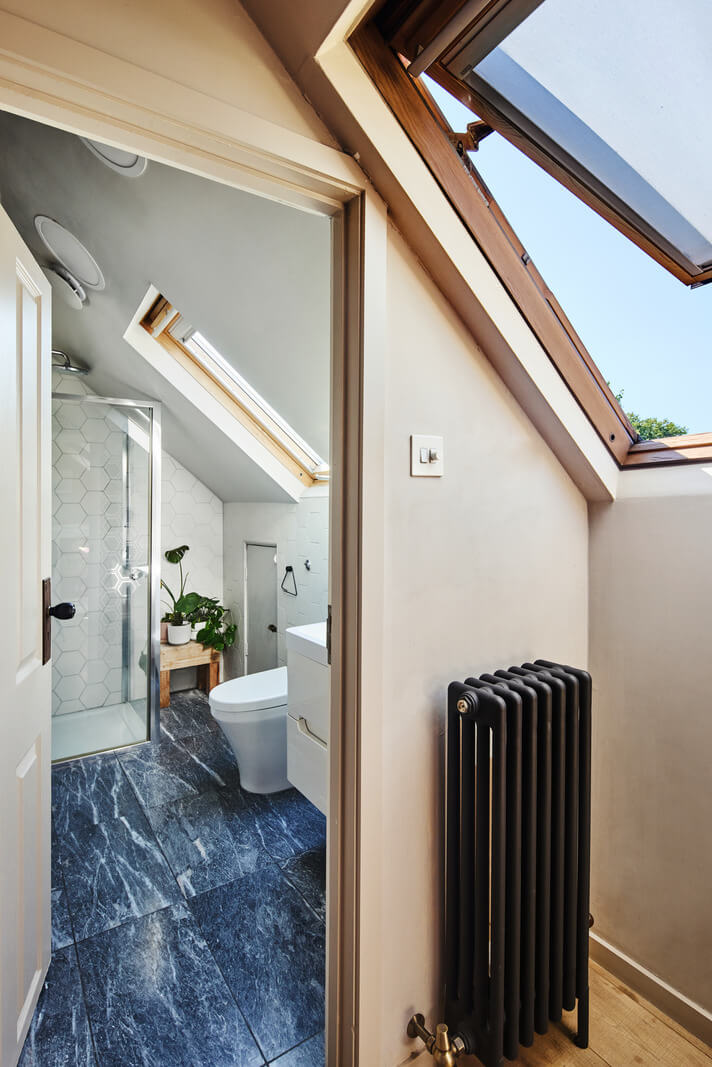 Stained Glass Doors and Terrazzo in a London Home 19 loft bedroom en suite bath