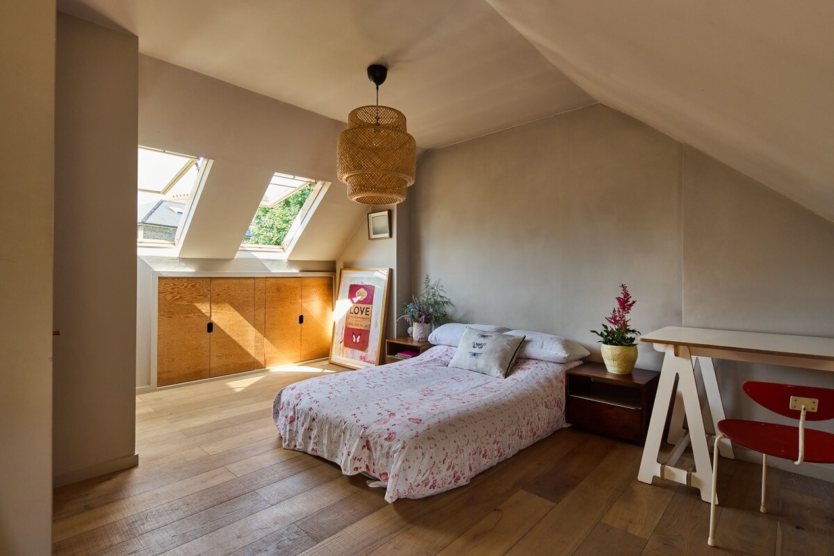 Stained Glass Doors and Terrazzo in a London Home 18 loft bedroom