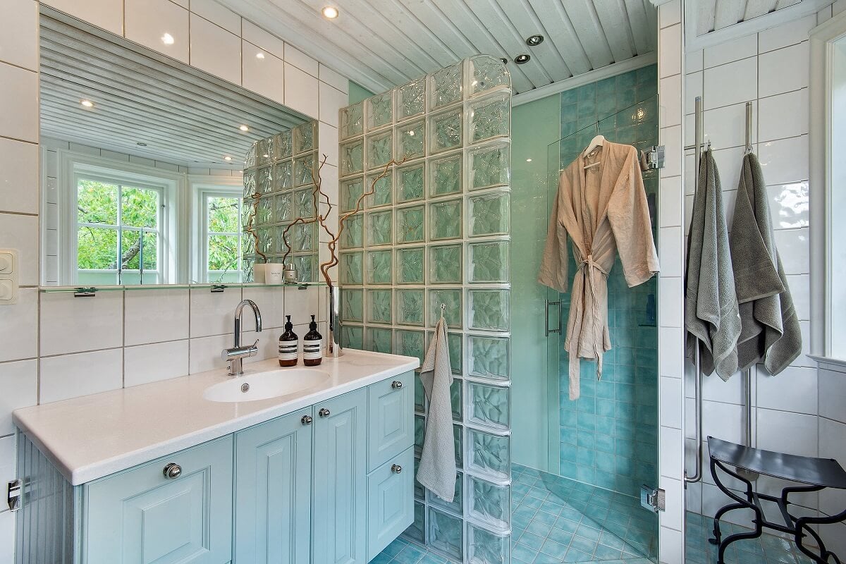 A Yellow Swedish Villa with Views of the Sea 17 mint green blue bathroom