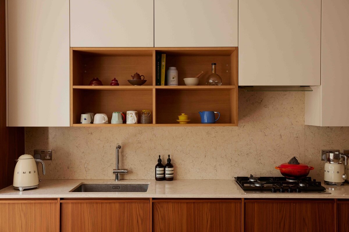 An Apartment with Rich Colors and Modern Design in a Victorian Mansion 3 modern kitchen with open and closed cabinets nordroom
