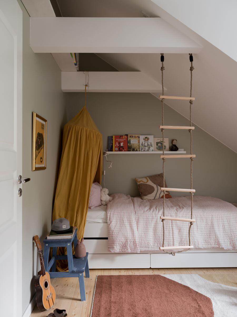 A Beautiful Renovated Maisonette Home with a Calm Color Palette 27 ochre yellow canopy childrens bedroom