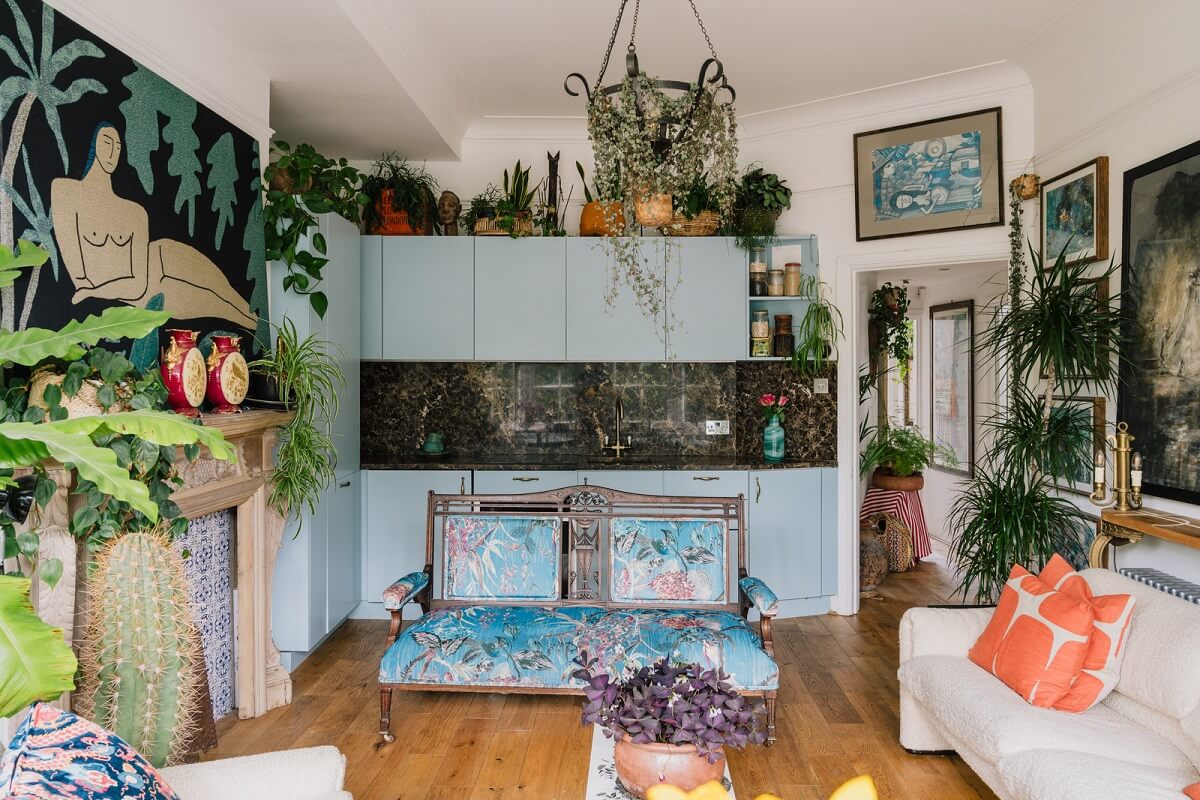 Plants, Art, and a Huge Bay Window in a London Apartment 7 open plan living space with light blue kitchen nordroom
