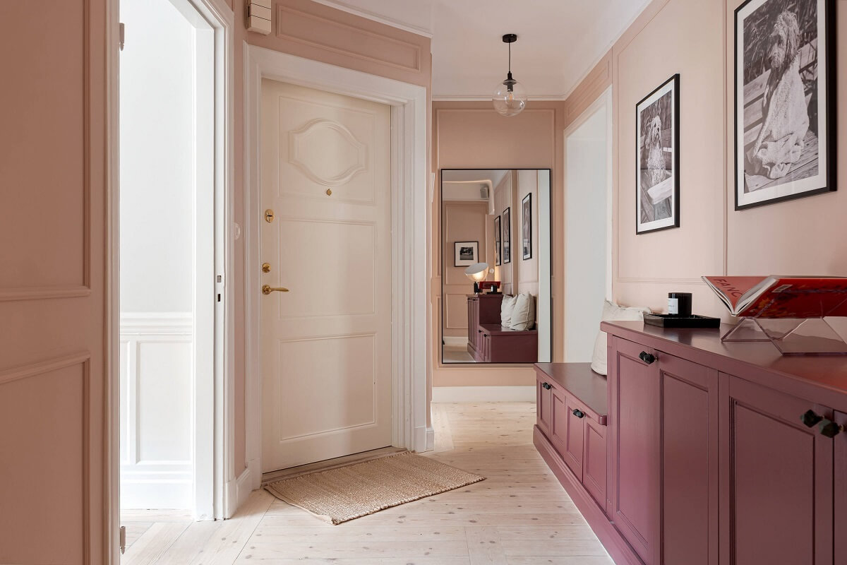 A Classic Apartment with a Blue Living Room 24 pink hallway cabinets bench nordroom