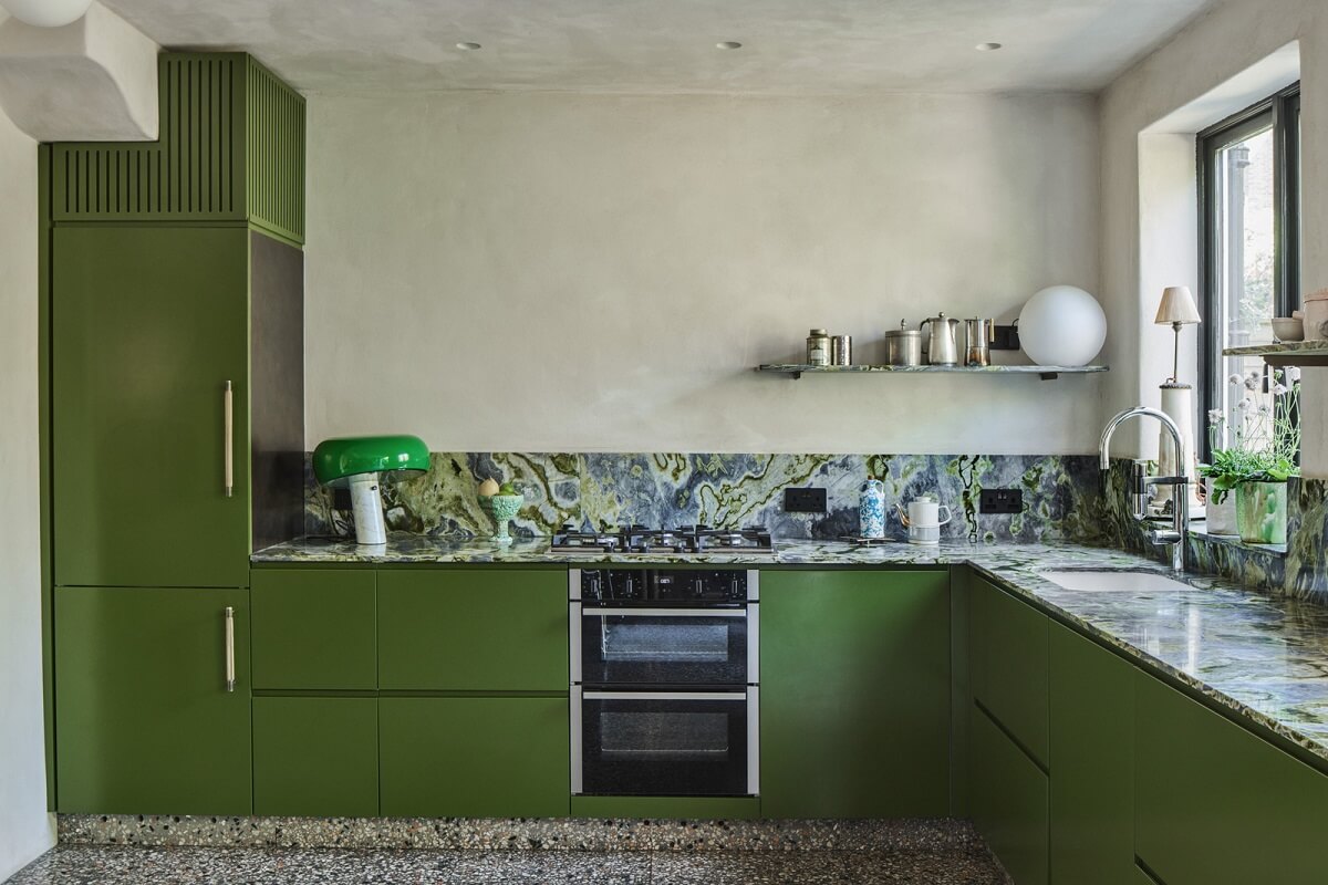 Stained Glass Doors and Terrazzo in a London Home 2 racing green kitchen cabinets and marble worktops nordroom