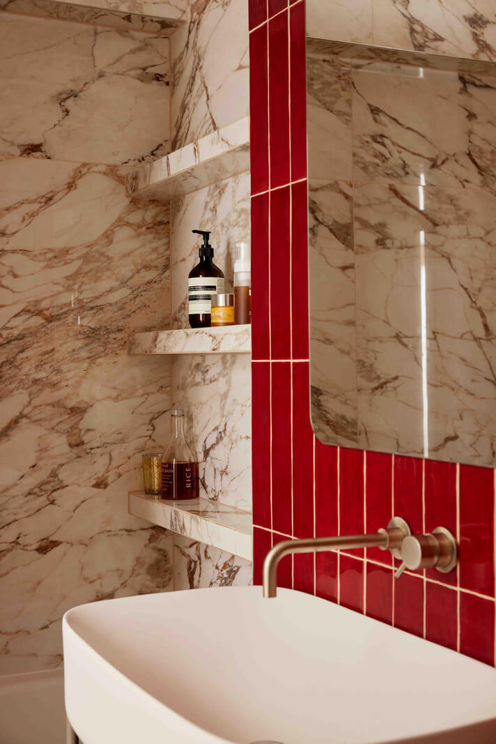 Best of 2024: Bathrooms 20 red bathroom tiles paired with calacatta marble