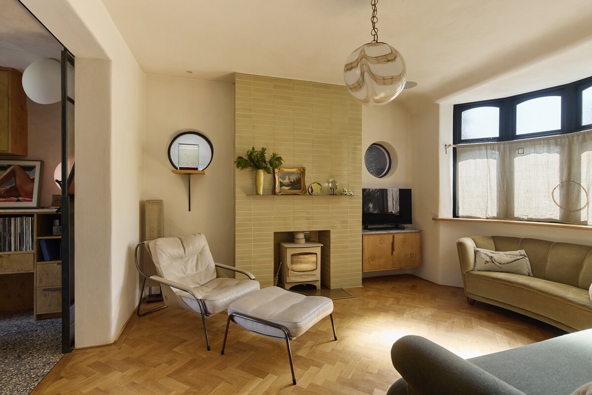 Stained Glass Doors and Terrazzo in a London Home 9 serene living room with wood burner and bay window
