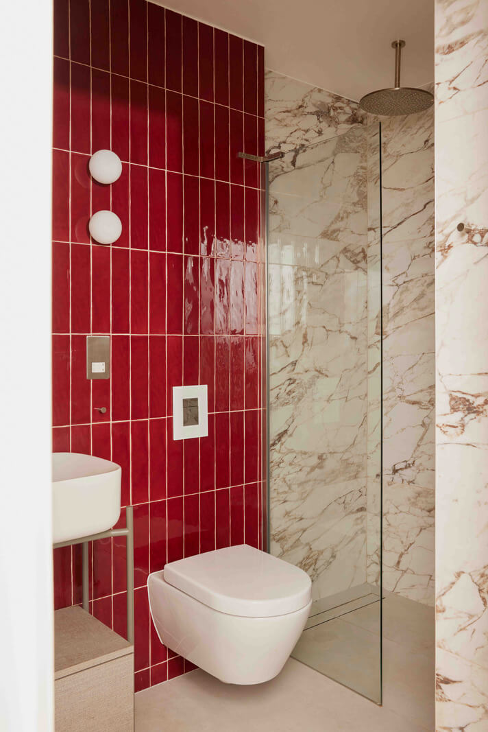 Best of 2024: Bathrooms 21 small bathroom deep red tiles and calacatta marble nordroom