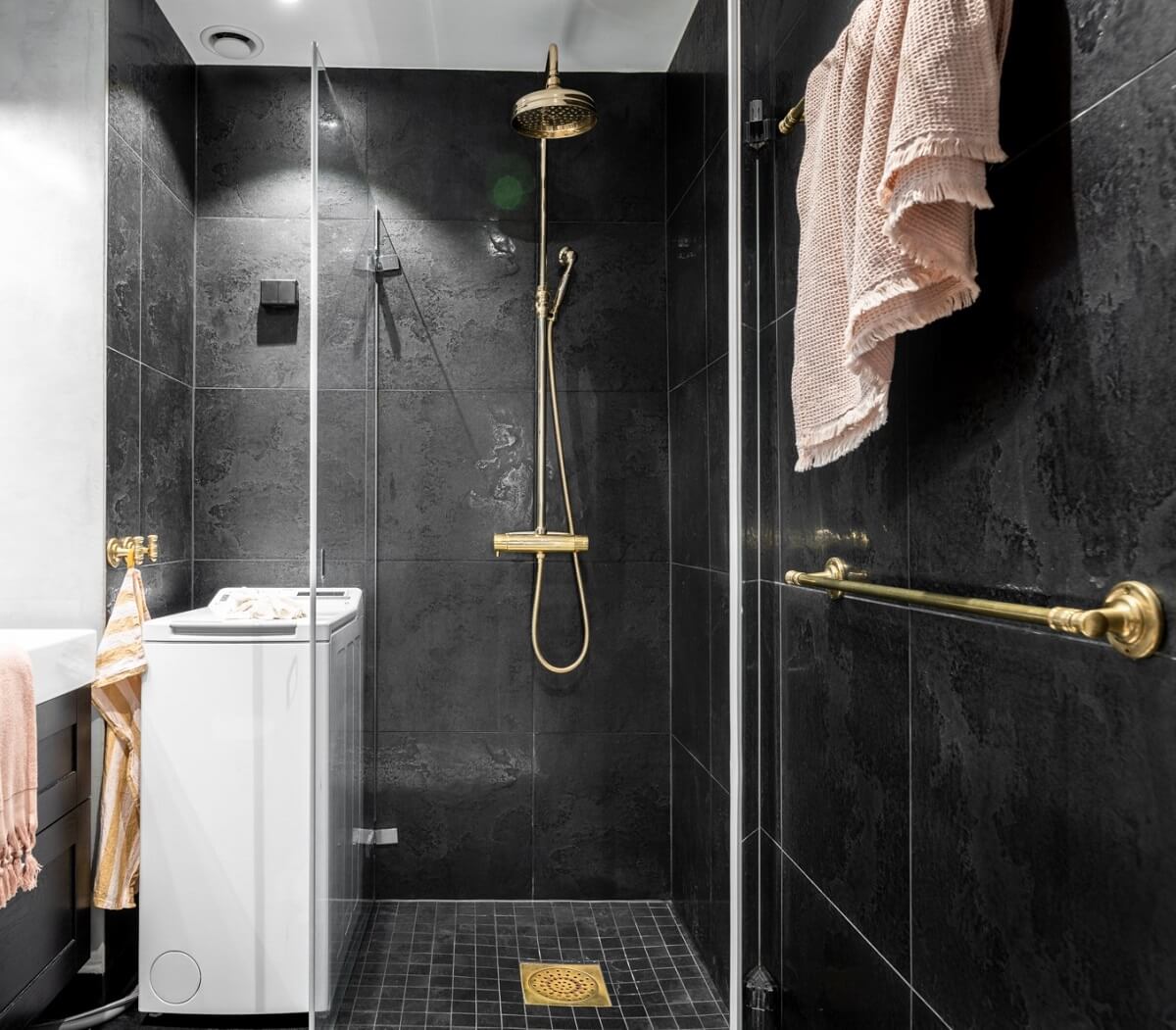 A Scandinavian Apartment with a Pale Yellow Living Room 21 small black bathroom brass fittings