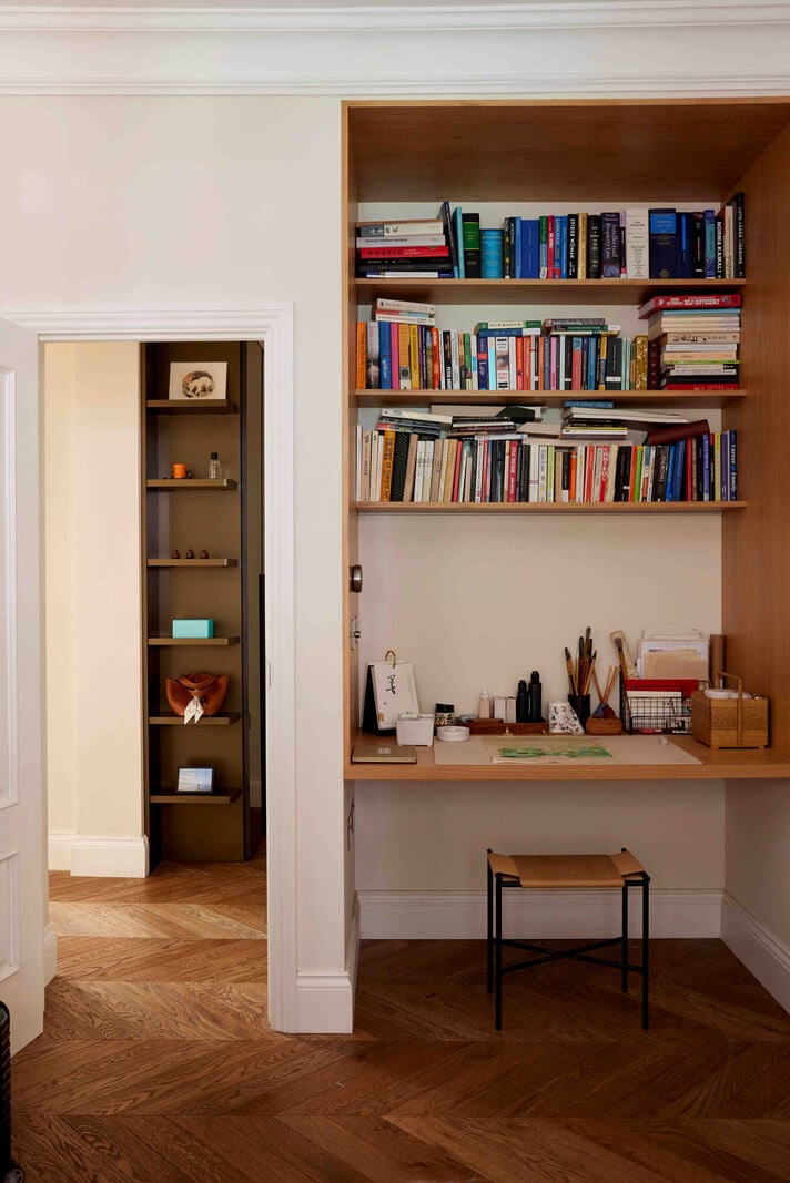An Apartment with Rich Colors and Modern Design in a Victorian Mansion 13 small built in wooden home office with shelves nordroom