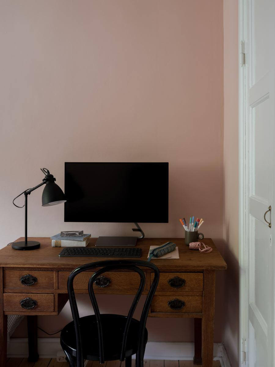 A Beautiful Renovated Maisonette Home with a Calm Color Palette 19 vintage desk in pink room