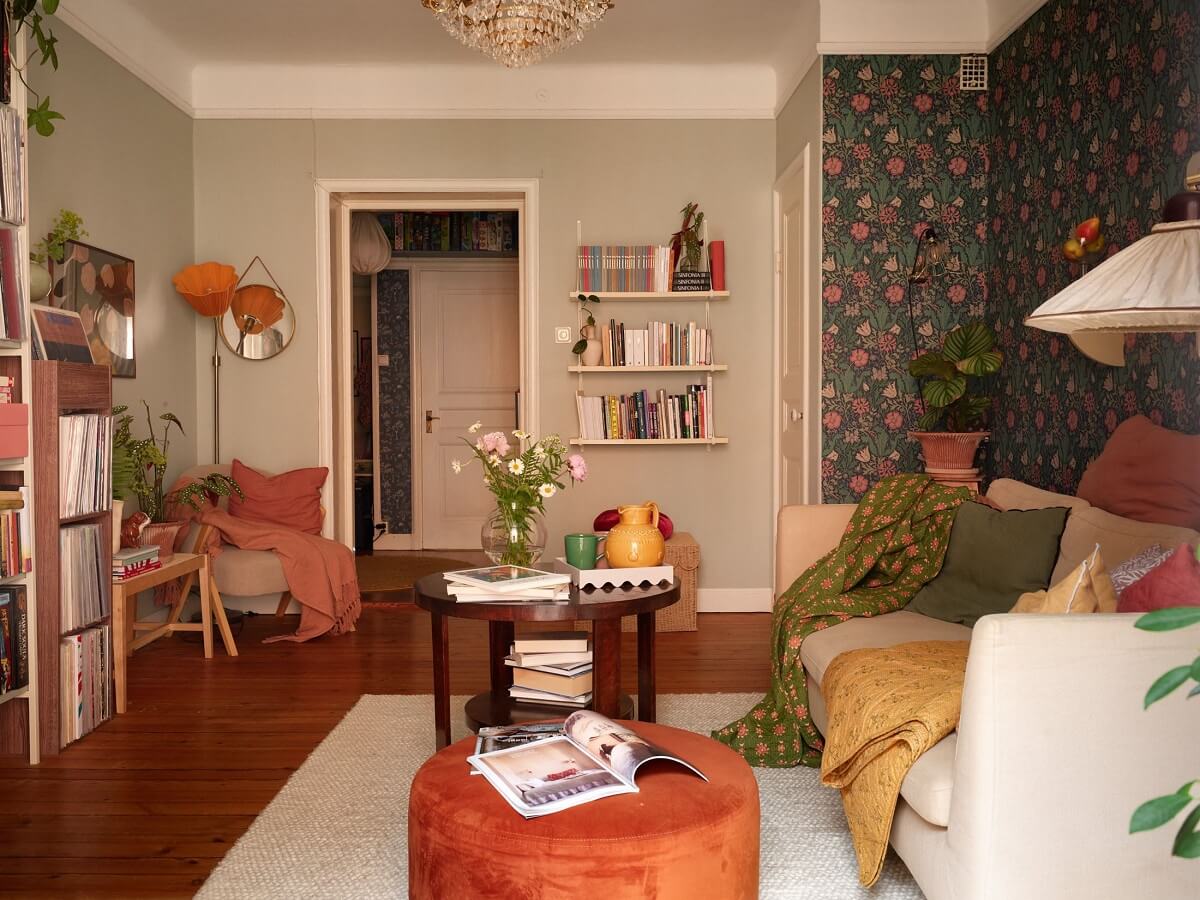 A Cozy 1920s Apartment with Original Details and Wallpaper 5 vintage style living room with allpaper nordroom