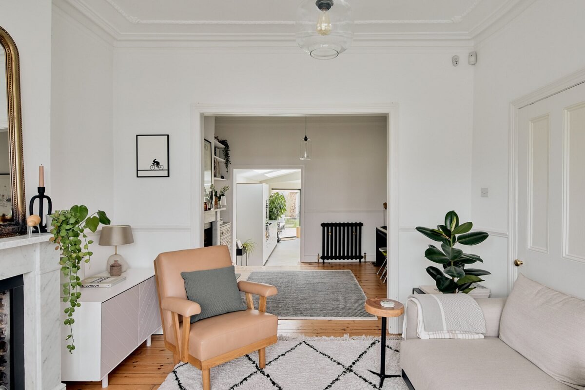Light and Modern Spaces in an Award-Winning London House 3 white living room with wooden floor
