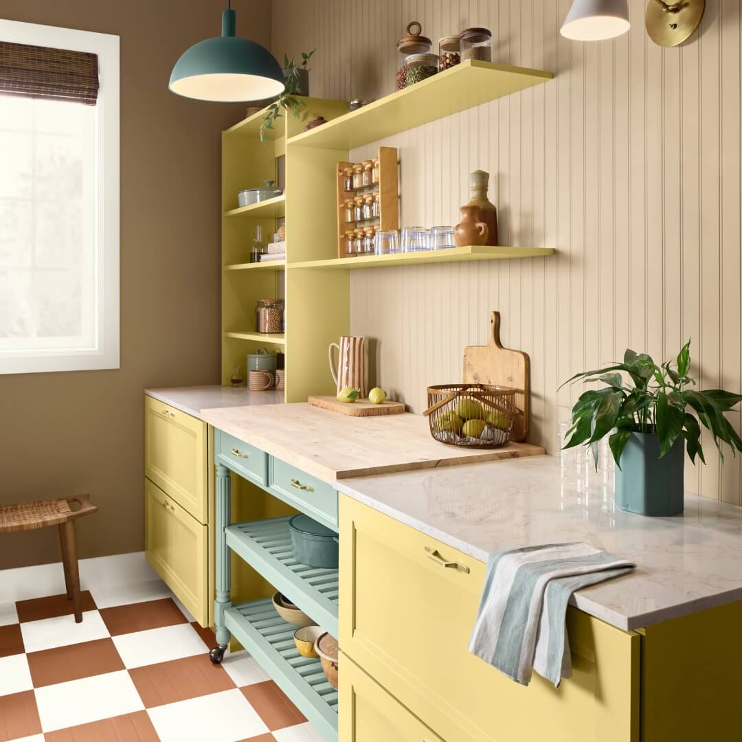 HGTV Home by Sherwin-Williams Color of the Year 2025: Quietude 26 yellow pantry checkerboard floor hgtv home color trends 2025 nordroom