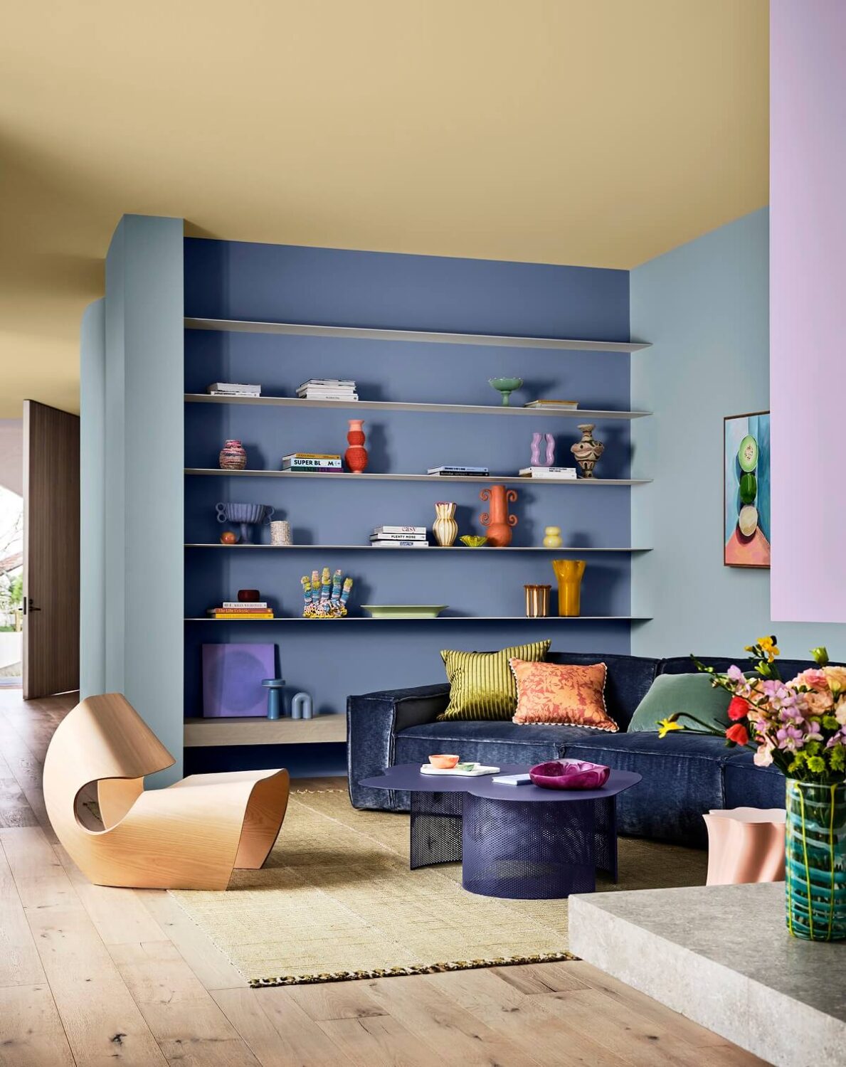 Dulux Colour Forecast 2025: Uplifting and Soothing Colour Palettes 9 Dulux_Colour_Forecast_2025_Emerge_palette blue living room with shelves nordroom
