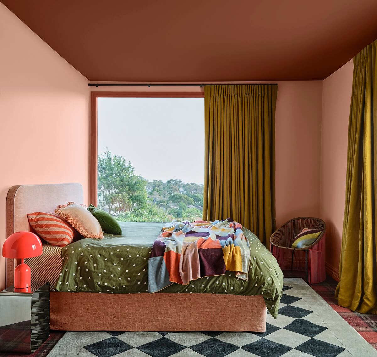 Dulux Colour Forecast 2025: Uplifting and Soothing Colour Palettes 16 Dulux_Colour_Forecast_2025_Recollect_palette bedroom with checkerboard rug nordroom