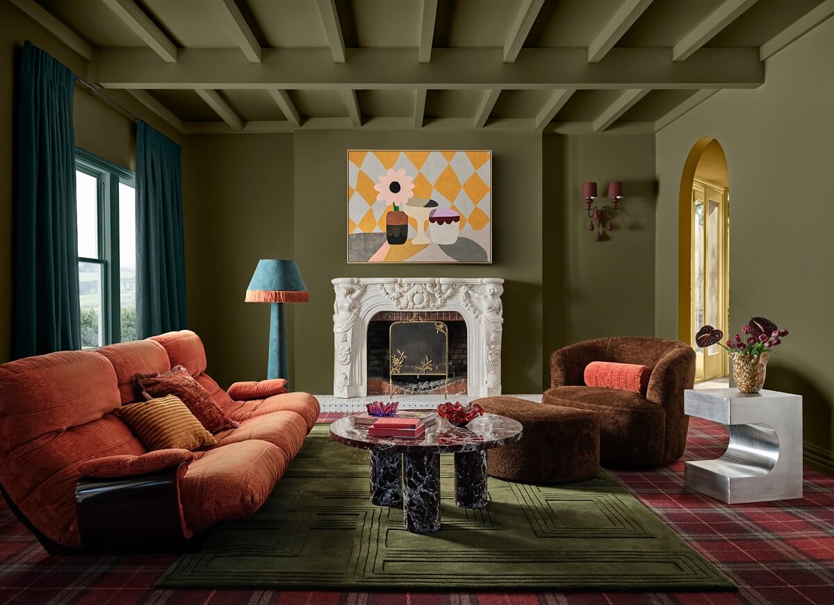 Dulux Colour Forecast 2025: Uplifting and Soothing Colour Palettes 11 Dulux_Colour_Forecast_2025_Recollect_palette olive green livng room orange sofa nordroom