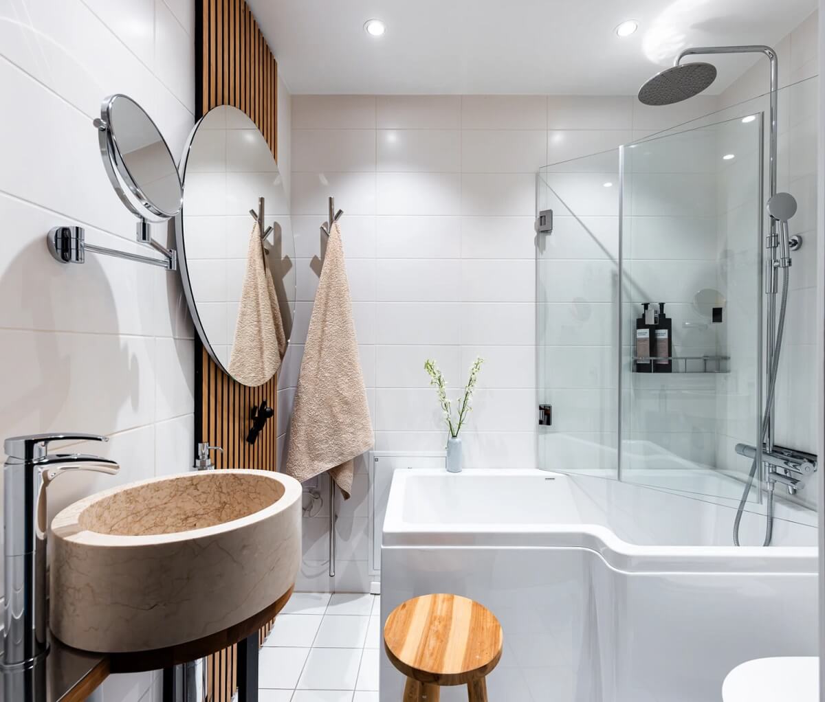A Swedish Apartment with a Moody Kitchen and Bedroom 13 bathroom with round sink A Swedish Apartment with a Moody Kitchen and Bedroom