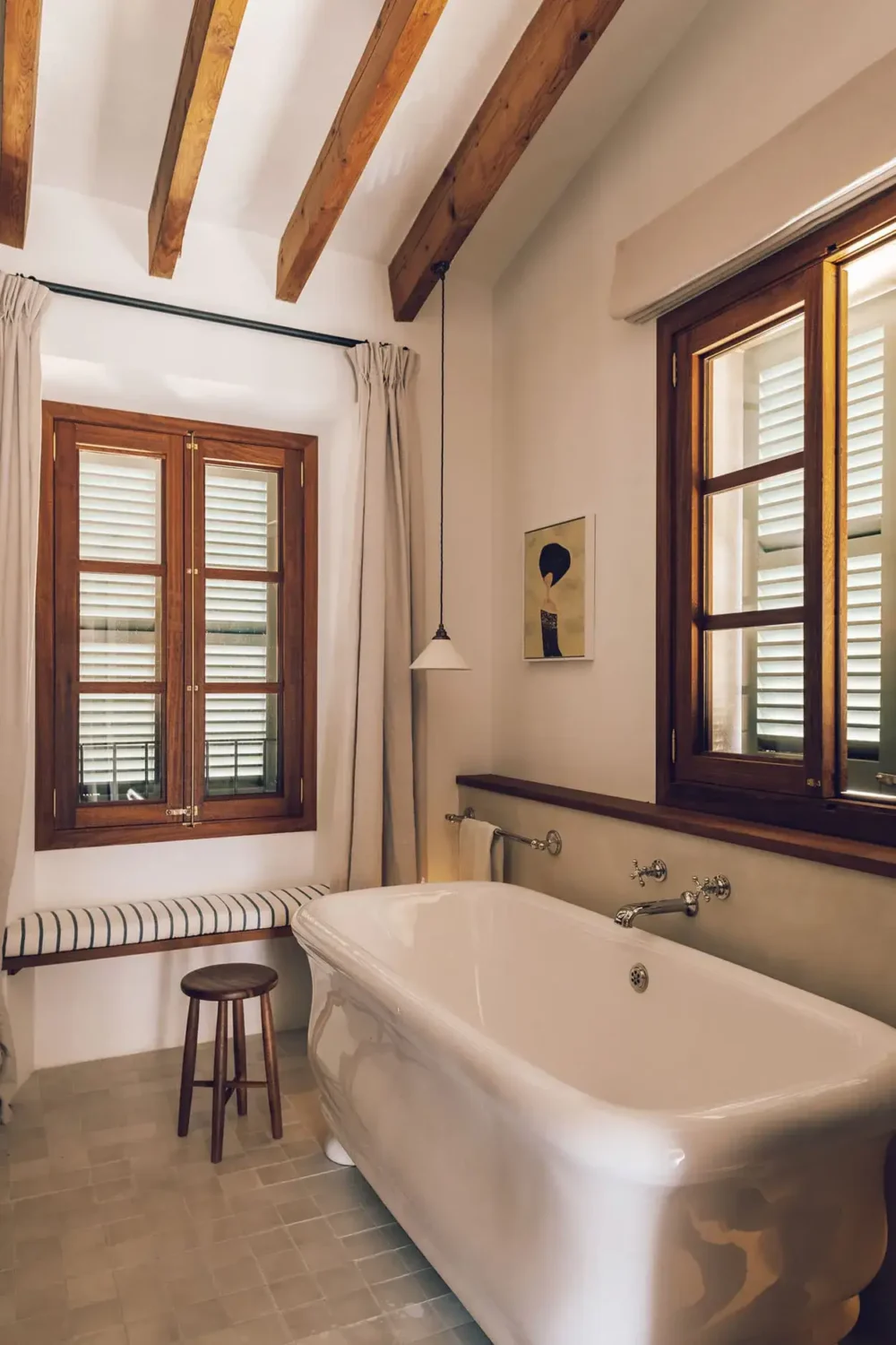 Beautiful Period Features in an Early 20th-Century Majorcan Townhouse 10 bathroom wooden beams and bath