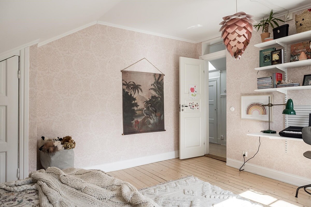 A Lovely Early 20th Century House with Wallpapers 14 beige bedroom with shelves