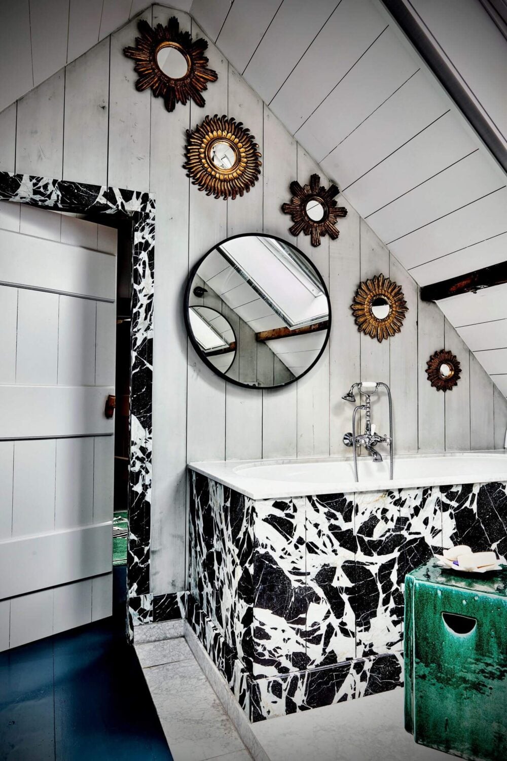 An Eclectic Colorful House in an Old Dutch Farmhouse 28 black and white bathroom blue floor