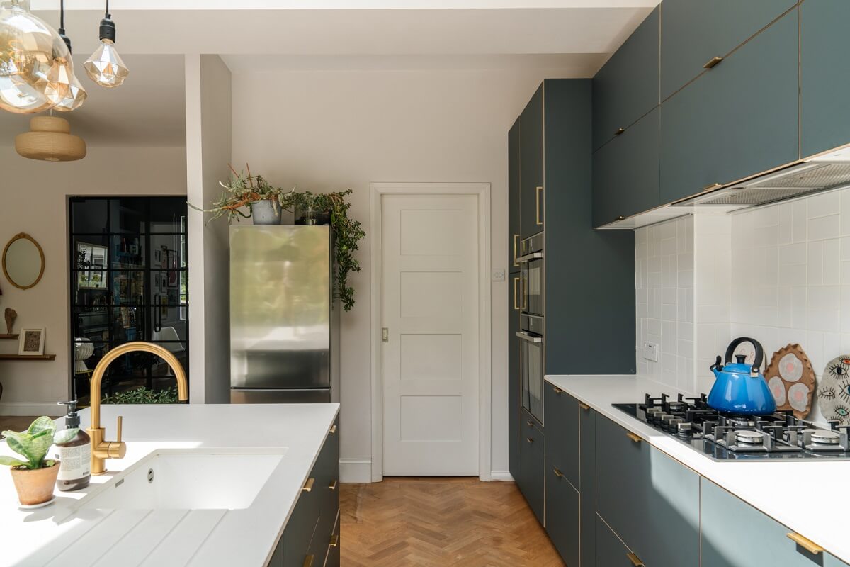 A Dark Blue Living Room in a Historic London Home 9 blue gray kitchen
