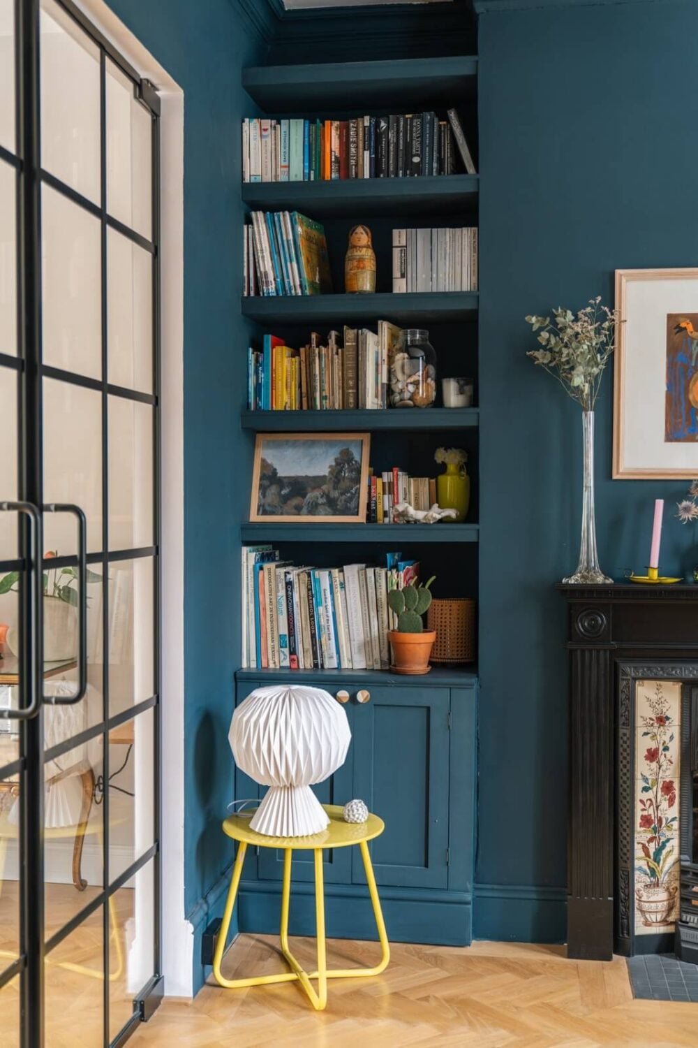 A Dark Blue Living Room in a Historic London Home 3 built in shelves dark blue living room