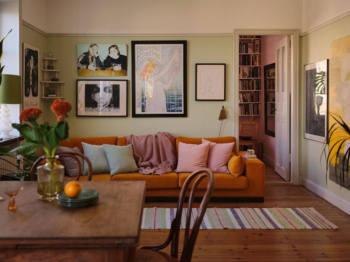 charming living room wooden floor pastel green walls nordroom