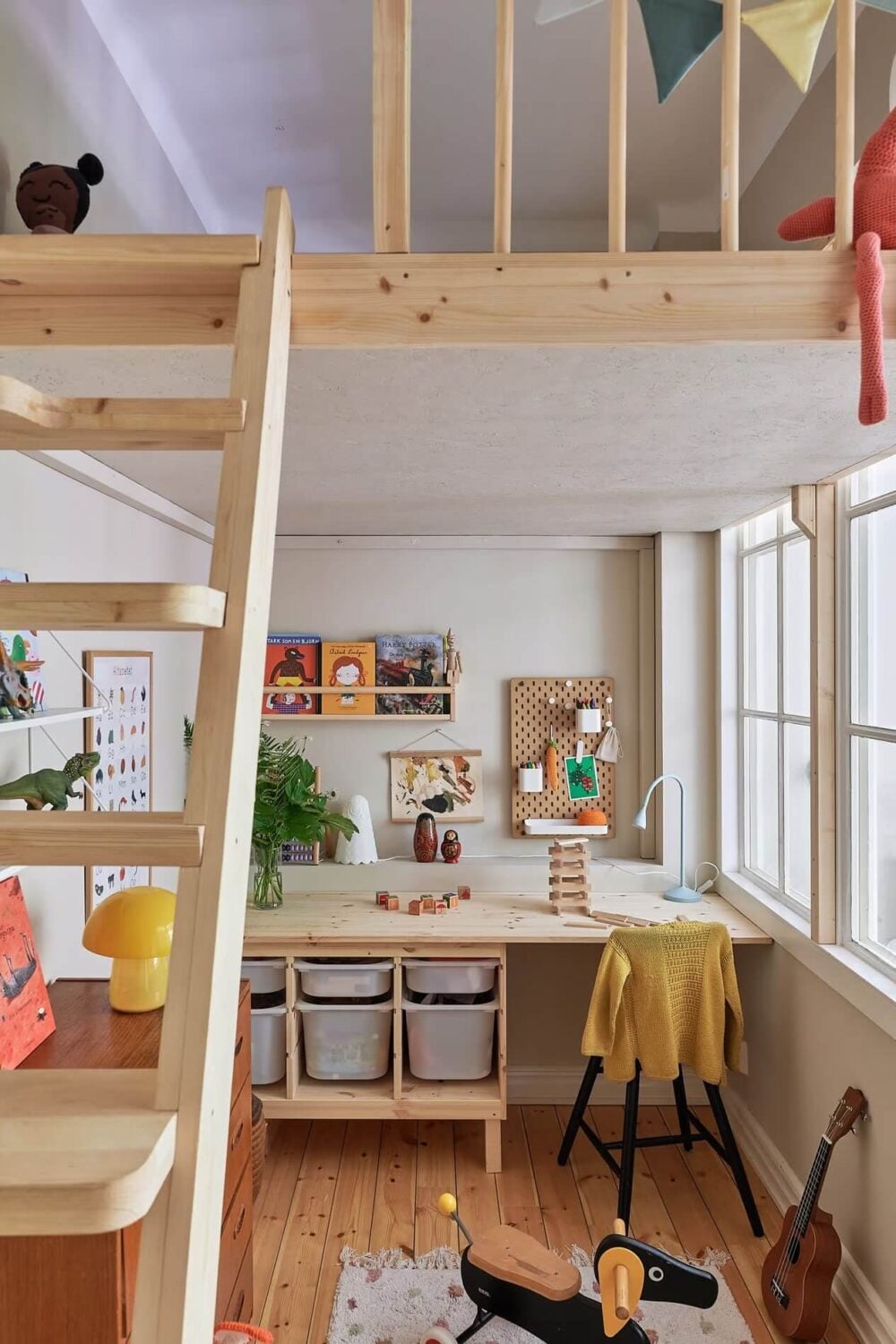 Soothing Colors and Smart Solutions in a Two Bedroom Apartment 15 childrens-bedroom-with-loft-bed-and-desk-nordroom